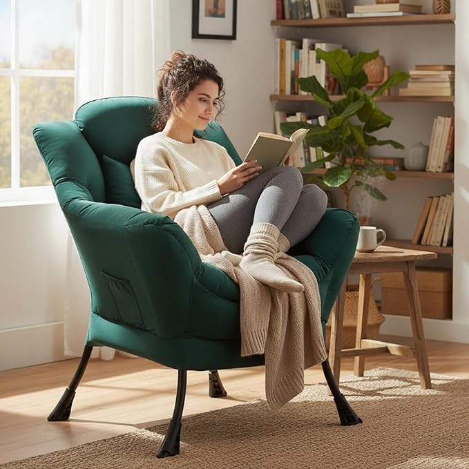 Lazy Chair Large Accent Chair Modern Comfy Armchair Dark Green Chair for Living Room Bedroom Dorm Room Office Apartment Reading Relaxing Use