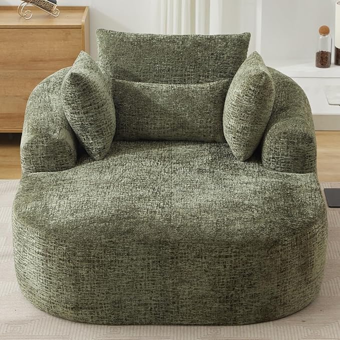 Oversized Chaise Longue Chair Indoor Modern Upholstered Chenille Deep Seat Sofa Bed with Throw Pillows and Armrests Sleeper Sofa Couch for Living Room Bedroom Apartment (Olive Green)