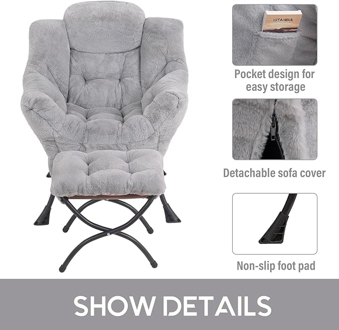 LITA Lazy Chair with Ottoman Modern Accent Leisure Upholstered Sofa Chair Contemporary Lounge Reading Chairs with Armrests and a Side Pocket for Living Room Bedroom &amp Small Space Plush Grey