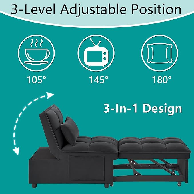 4 in 1 Sleeper Chair with Pullout BedConvertible Lazy Sleeper Sofa Chair withStorage Pockets &amp Adiustable Backrest forLiving Room (Black)