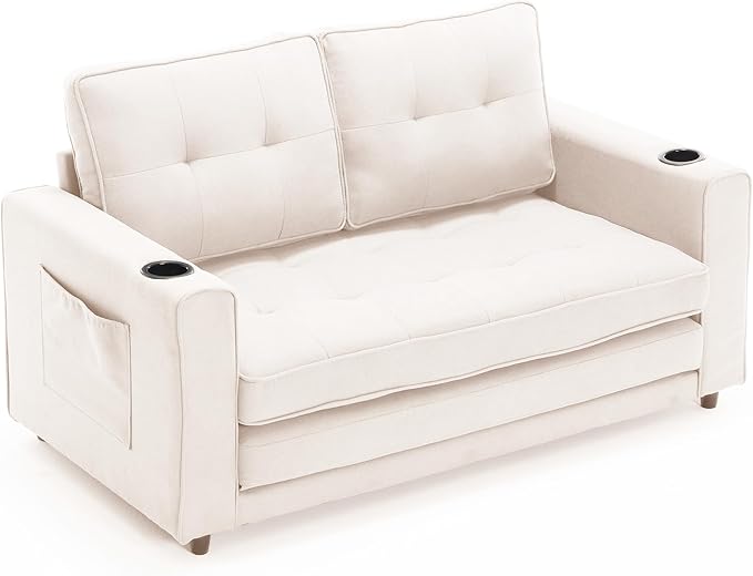 ERYE Foldable Loveseat Sofa Convertible Pull Out Sleeper Sofabed2 Seat Tufted Upholstered Sofa Modern Convertible Sleeper Couch Bed with Cupholders and Side Pockets