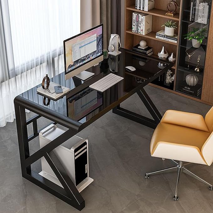 Tempered Glass Computer Desk Modern Home Office Desk Gaming Desk Writing Study Table Workstation for Home Office(100CM Black)