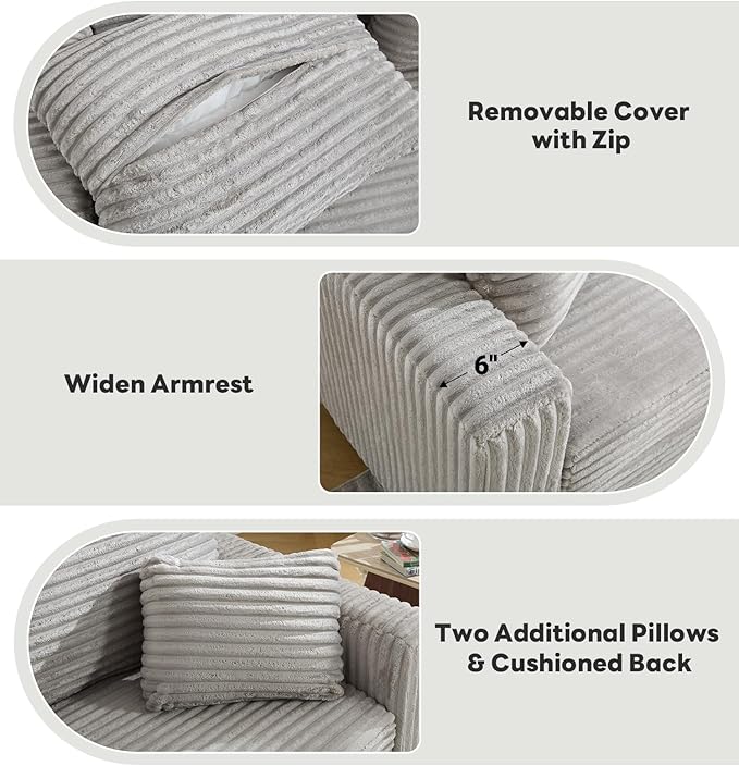 Tbfit 63.4 Oversized Loveseat with Storage Ottoman Comfy Chaise Lounge Chair Indoor Corduroy Sleeper Sofa Bed Modern Upholstered Love Seat Couch for Living Room Bedroom Apartment Grey | Breatha