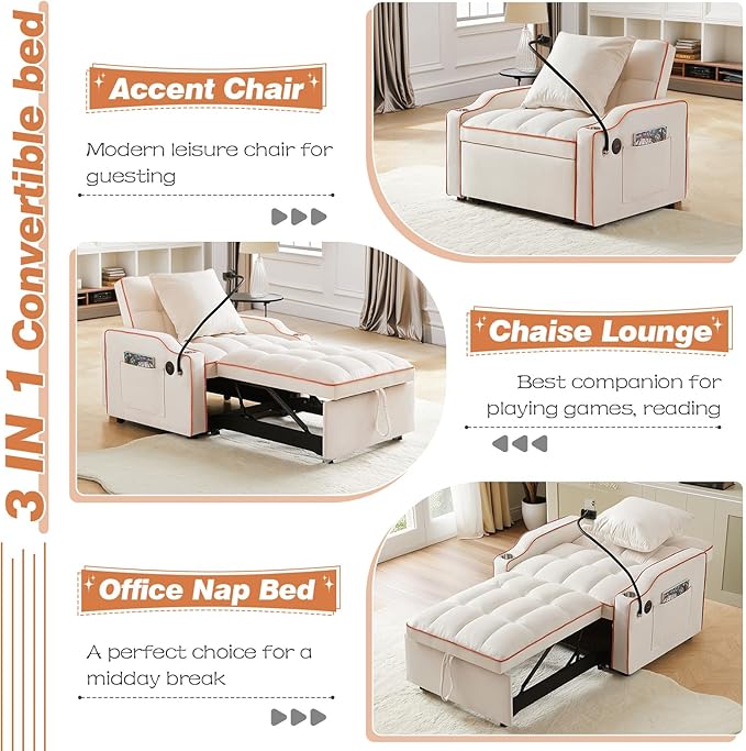 Antetek Sleeper Sofa Chair Bed with Charging Ports &amp Phone Holder &amp Cup Holder Modern Velvet 3 in 1 Convertible Pull Out Single Sofa Chair Bed for Small Spaces Apartment Beige