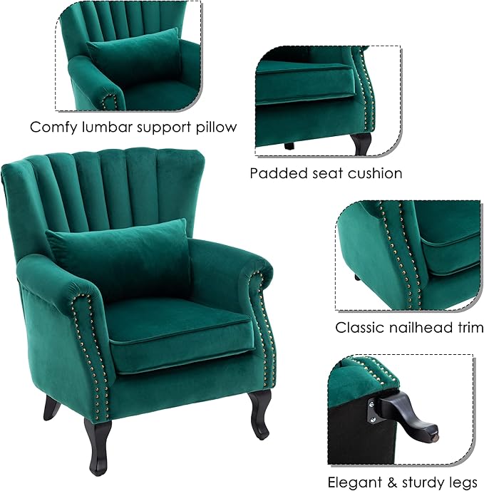 chairus Mid-Century Modern Accent Chairs Set of 2 Comfy Sofa Chairs Channel Back Armchairs with Small Pillow for Living Roon Bedroom Club - Velvet Green