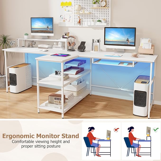 Giantex 94.5” 2 Person Desk with LED Lights Long PC Study Desk with Storage Shelves Power Outlets Keyboard Tray &amp Monitor Stand Double Computer Desk Workstation for Home Office (White)