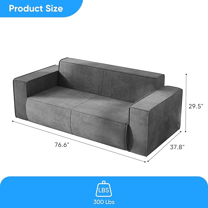 PUREMIND 3 Seater Sofa in a Box 76 Modern Corduroy Sofa Couch with Widen Armrest Comfy Deep Seat Couches for Living Room Apartment Grey