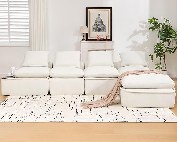 119 Oversized Cloud Modular Chenille Sectional Sofa with 2 Coffee Table Trays 4 Seat Couch Sectional Large Sectional Couches for Living Room White