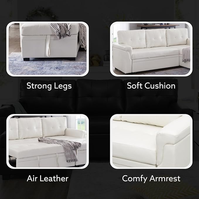 Naomi Home Transform Any Space: Sleeper Sectional Sofa with Convertible Sofa Bed &amp Inviting Chaise &amp Durable Cushions for Lounge Living Room - White/Air Leather