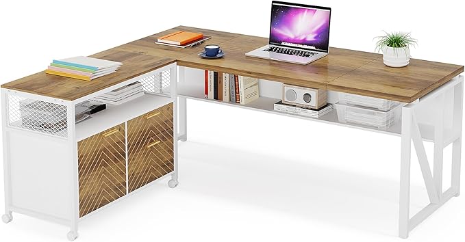LITTLE TREE 63 L Shaped Executive Computer Desk and Drawer lateral File Cabinet Walnut