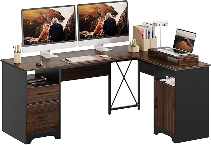 Bestier L Shaped Desk with File Drawers 63 x 47 Office Computer Desk with Storage Cabinet Corner Desk with Monitor Stand &amp Modesty Panel for Home Office Cherry