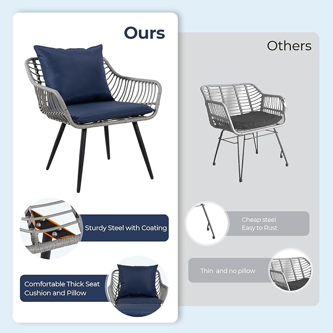 5 Piece Patio Furniture Set Outdoor Wicker Small Conversation Bistro Set All-Weather PE Rattan Chairs with Ottoman &amp Coffee Table Ideal for Balcony Porch Deck Yard Poolside (Grey/Blue)