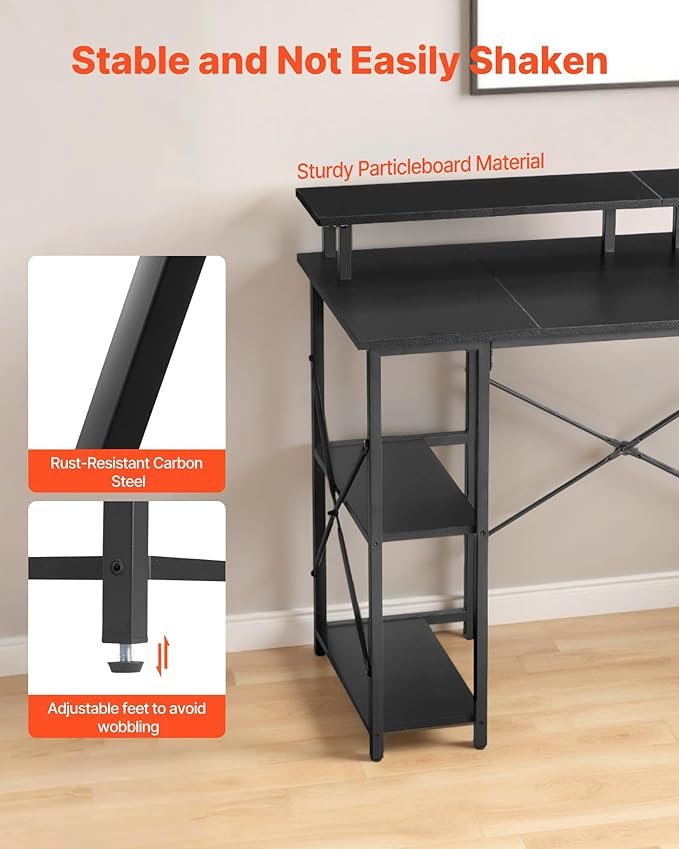 VEVOR 47 Gaming Desk with LED Lights &amp Power Outlets Computer Desk with Monitor Stand &amp 2-Tier Storage Sheves Study Work for Home Office Black
