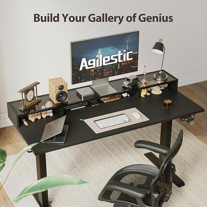 Agilestic Glass Standing Desk with Storage 48 Inch Electric Adjustable Desk with Glass Shelf Sit Stand Up Home Office Computer Table Splice Board Black