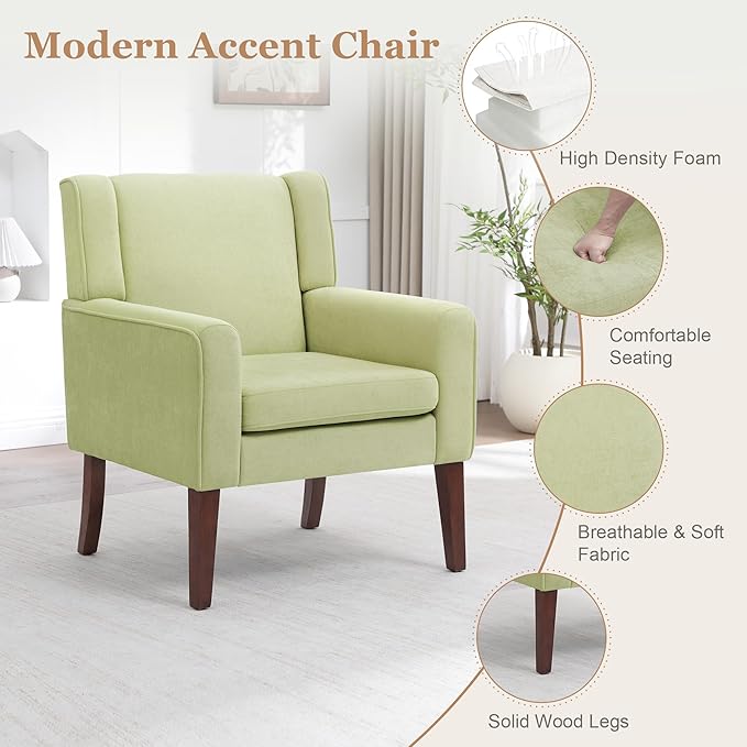 Accent Chairs for Living Room Mid-Century Reading Chair with Wood Legs Upholstered Comfy Living Room Chair for Bedroom Apartment Waiting Room Green