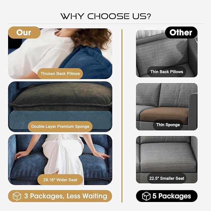 97 L Shaped Sectional Couch Comfy Chenille Cloud Couch 5 Seat Modular Cloud Sofa with 2 Pillows &amp Storage Armrests Convertible V Shaped Corner Couch Sectional Couches for Living Room Blue