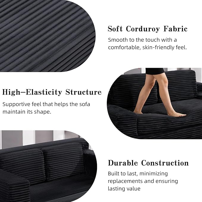 71 Corduroy Cloud Loveseat Sofa Bed Pull Out Convertible 2-in-1 Boneless Couch Deep Seat 2-Seater Design No Assembly Floor Sofa with Side Pockets for Living Room Bedroom Apartment (Black) | Pul