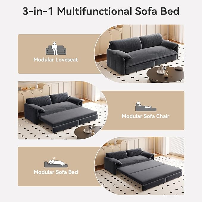 healthomse 66 Queen Size Sleeper Sofa Bed 3-in-1 Convertible Pull Out Sofa Bed with Side Storage Modern Velvet Loveseat for Living Room Bedroom Apartment Office Lounge (Grey 66inch)