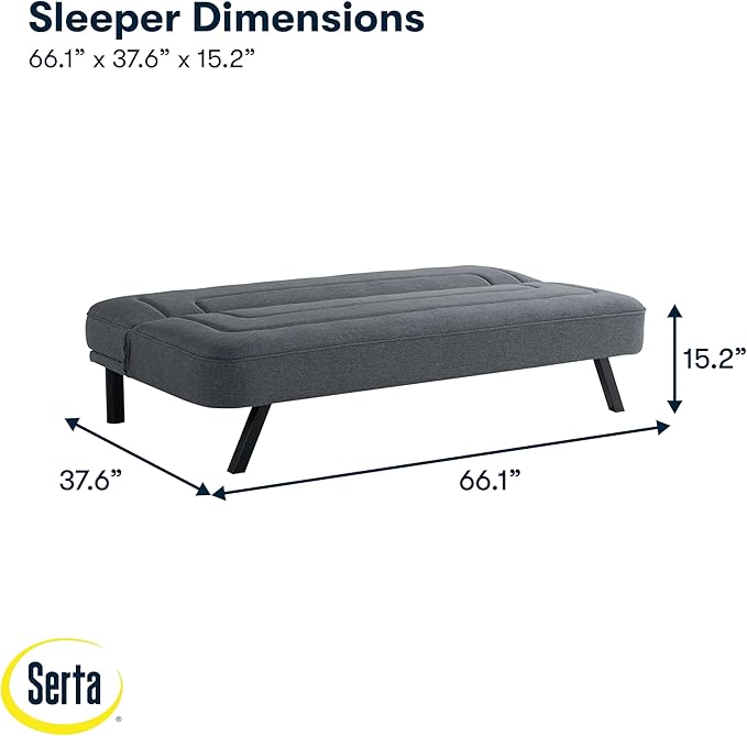 Serta Fairwood 66.1 Convertible Futon Sofa Short Twin Size Modern Boho Dream Coil Comfort Fingerguard Pinch Point Protection Soft Woven Polyester Fabric Charcoal