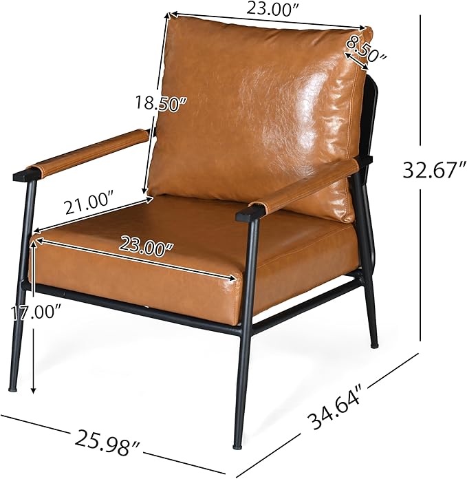 Christopher Knight Home Mid-Century Accent Chair Faux Leather Club Chair Upholstered Vintage Armchair with Metal Frame for Living Room Bedroom Office Soft Reading Chair Black+Brown