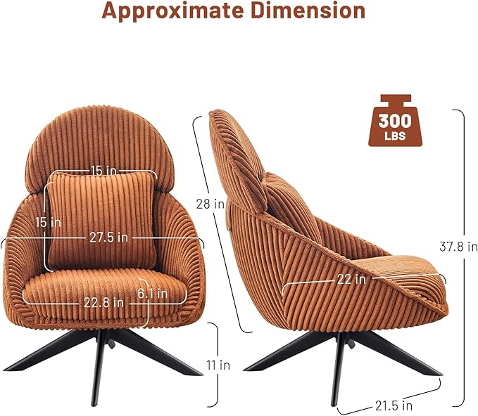 Furniliving Large Swivel Accent Chair Modern Arm Chair Sofa Chair with Pillow Living Room Chair Bedroom Chair with Headrest Comfy Desk Chair Upholstered Chairs for Rest Room Corduroy Orange
