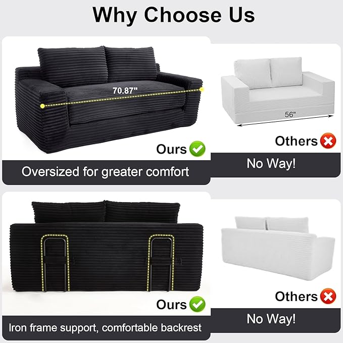 GNIXUU 71 Corduroy Cloud Loveseat Sofa 2 in 1 Convertible Black Boneless Sleeper Sofa with Fixed-Shape Frame Comfy Folding Love Seat Couches for Living Room Apartment Small Spaces