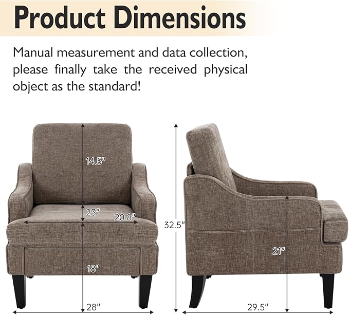Accent Chair for Living Room Upholstered Living Room Chair with Side Pockets Comfy Accent Chairs for Bedroom Mid Century Modern Armchair for Office Apartment Waiting Room Club (Brown)