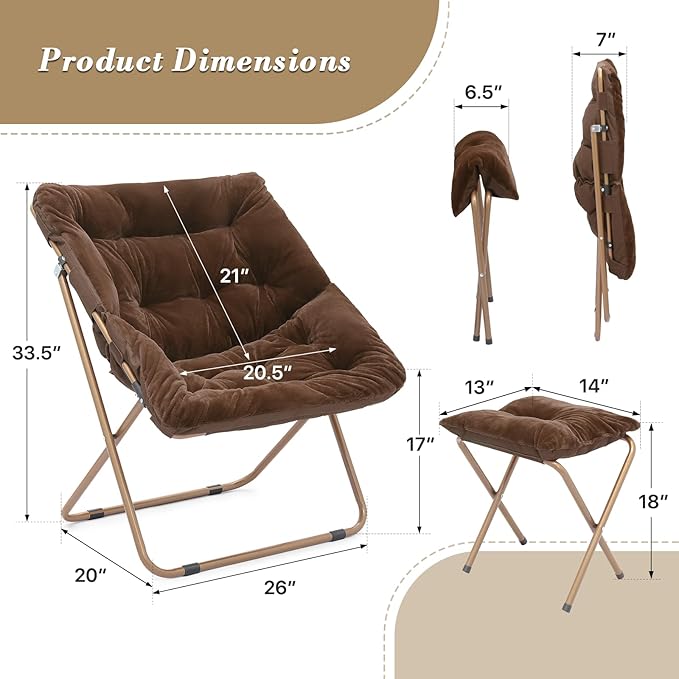 Athena Collection Comfy Saucer Chair and Ottoman Set for Adult Comfortable Faux Fur Square Oversize Folding Reading Chair with Metal Leg Lazy and Cozy for Bedroom Living Room Brown