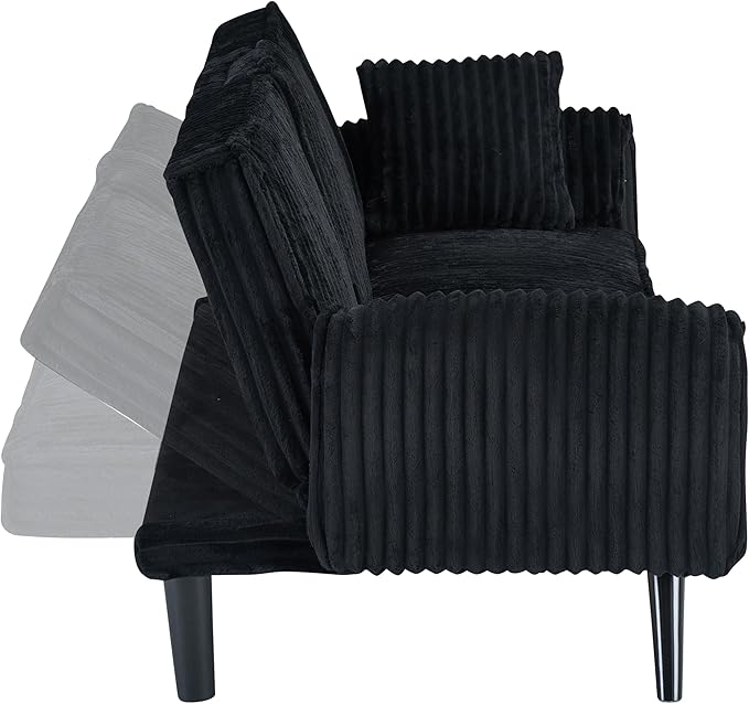 72'' Fabric Loveseat Sofa Comfy Corduroy Couch with 2 Embedded Teacup Holders 2 Seater Sofa with Adjustable Backrest Modern Small Convertible Futon Sofa Bed for Living Room Apartment (Black)