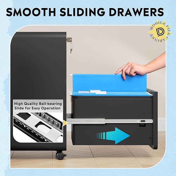 DEVAISE 2-Drawer Rounded Corner Metal File Cabinet with Lock Mobile Filing Cabinet Under Desk for Home Office Fully Assembled Printer Stand fits Letter/Legal Size Black 20 D x 15.8 W x 25 H