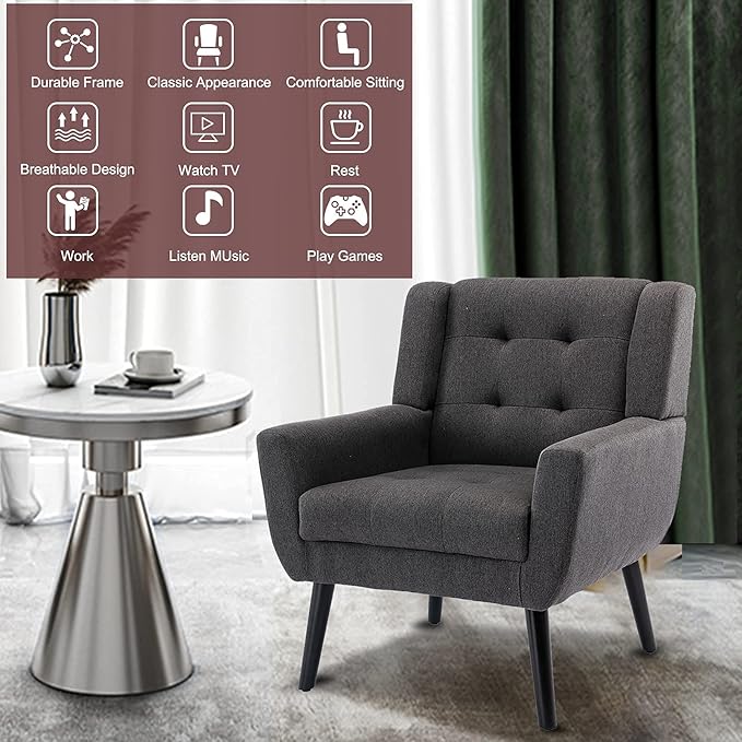 SSLine Linen Accent Arm ChairMid-Century Modern Upholstered Wingback Single Sofa Armchair Club Chair with Solid Wood Legs Thick Cushion for BedroomReadingLiving Room Chair (Dark Grey)