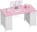 Pamray 47 Inch Computer Desk with 8 Fabric Drawers PC Gaming Desk Home Office Study Work Writing Table for Bedroom Pink