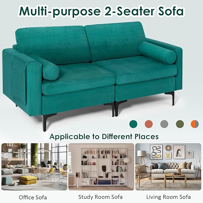 Giantex 68 Modern Loveseat 2-Seater Sofa Couch Thick Cushion &amp 2 Bolsters Armrest Magazine Cabby with 2 Pockets Metal Legs Ideal for Living Room Reception Room Office
