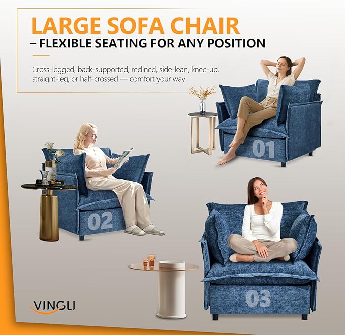 VINGLI Blue Accent Chair 34 Width Oversized Reading Chair Upholstered Armchair Soft Chenille Fabric Living Room Chairs Sofa for Adults Bedroom Home Office Play Room