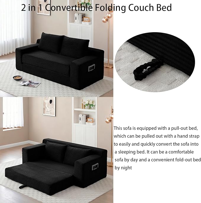 73 Memory Foam Cloud Loveseat Sofa 2 in 1 Convertible Folding Couch Bed Compressed Corduroy Floor Lounge Sofa No Assembly for Apartment Office Bedroom Living Room (Black)