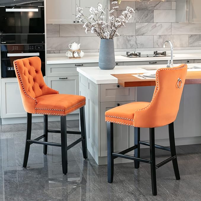 Modern Upholstered BarstoolsVelvet Bar ChairsSet of 2Wooden LegsLeisure Style Bar ChairsHigh Backrest ChairKitchen Island Chairs for CafesLiving RoomKitchenBarOrange