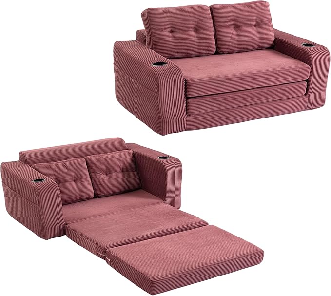 53'' Folding Sofa Bed Boneless Loveseat Sleeper Sofa 2 in 1 Convertible Foldable Pull Out Sofa Bed with Pillows Comfy Cloud Floor Couch for Living Room Small Space No Assembly(Wine Red)