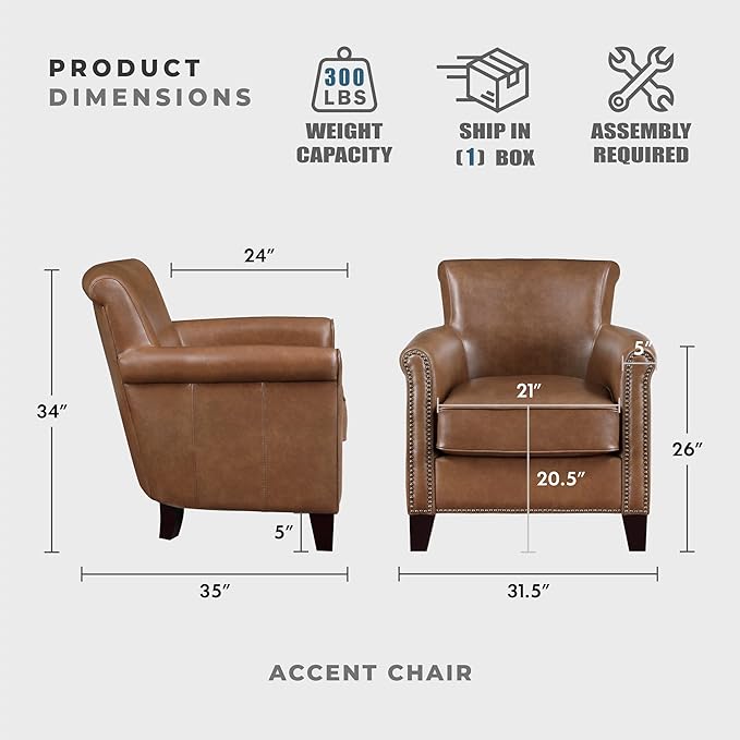 Lexicon 100% Top Grain Genuine Leather Chair Leather Accent Chairs for Living Room Solid Wood Frame Rolled Armrest &amp Nailhead Trim Comfy Reading for Bedroom Office Waiting Room Brown