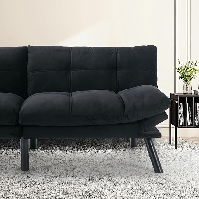 67” Velvet Futon Sofa Bed Convertible Small Upholstered Couch 2-Seat Loveseat Sleeper with Adjustable Backrest and Armrest for Small Space ApartmentGaming RoomOffice(Black)