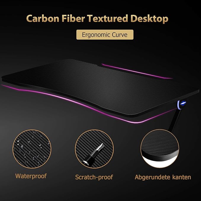 POWERSTONE Gaming Desk with Led Light - Z Shaped 43.5 inch Gaming Computer Desk Pc Gaming Table Home Office Desk Gamer Workstation with Carbon Fiber Surface