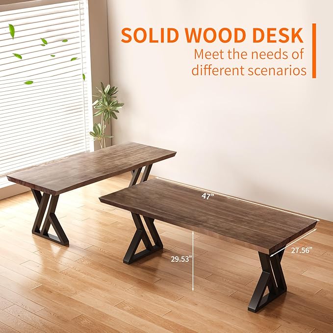 Solid Wood Desk 47 InchHome Office Desk Butcher Block Studio Desk Rustic Brown Desk Heavy Duty Business Desk Office Furniture（Table Thickness:1.96 inches）