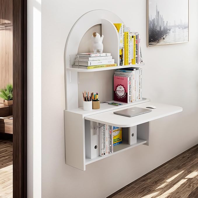 Wall Mounted Drop-Leaf Table Floating Laptop Desk Folding Table with Shelves Multifunctional Computer Workstation Storage Compartments in Home Office for Space Saving (White)