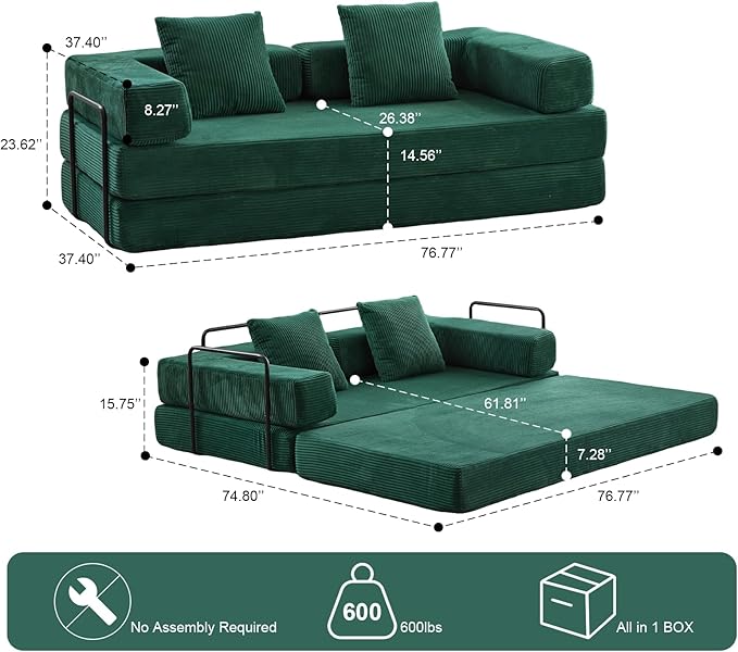 77 Convertible Sleeper Sofa Bed with Fixed-Shape Frame Modern Corduroy Folding Boneless Couch with 2 Pillows Comfy Floor Sofa Couch for Living Room No Assembly Required Emerald Green
