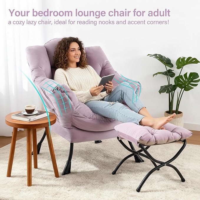 Lazy Chair with Ottoman Modern Accent Chair with Lumbar Pillow Velvet Light Purple Sofa Armchairs with Folding Footrest Oversized Supportive Chairs for Bedroom Reading