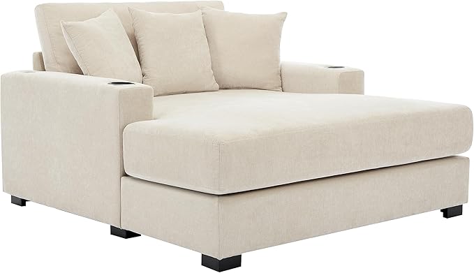 Modern Indoor 55 Oversized Chaise Lounger Chenille Fabric Sofa Couch with Pillows Armrest Cup Holders Removable Washable Covers Reclining Sleeper Chair for Living RoomOffice (Cream55)