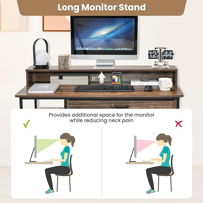 Giantex Computer Desk with Monitor Shelf 48 Home Office Writing Desk with Drawer Storage Shelves CPU Stand Study Desk Table Workstation for Bedrooms Rustic Brown