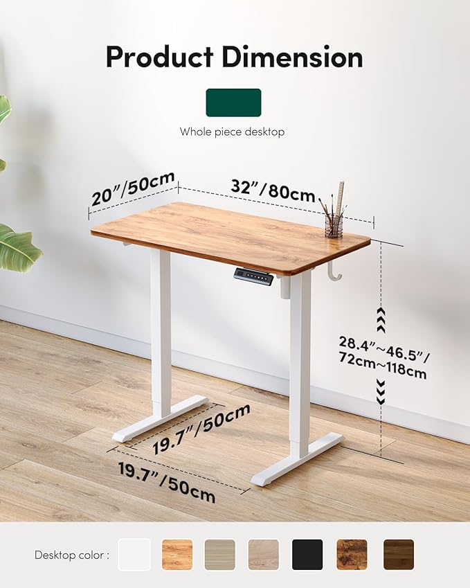 FEZIBO One-Piece Standing Desk Height Adjustable Stand up Home Office Desk 32x20 Inch Small Electric Standing Computer Desk with 4 Memory Presets Headphone Hook Light Rustic Top