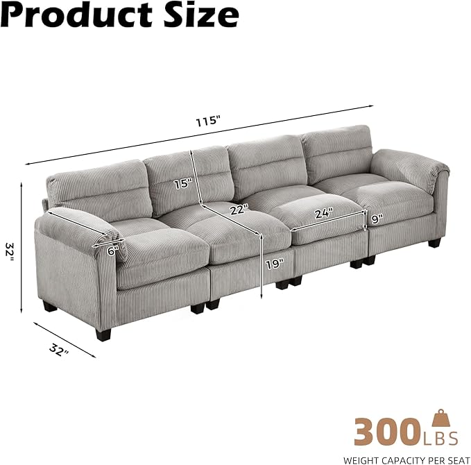 CANMOV Modular Sectional Sofa Corduroy 4-Seater Couches with Thick Cushion for Living Room Grey
