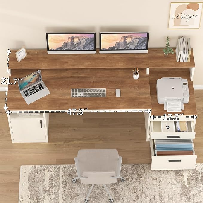 65 Inch Computer Desk with 3 Drawers &amp Storage Shelves Executive Desk with File Drawer &amp Cabinet Home Office Desk with Long Monitor Stand &amp Printer Shelf Antique White
