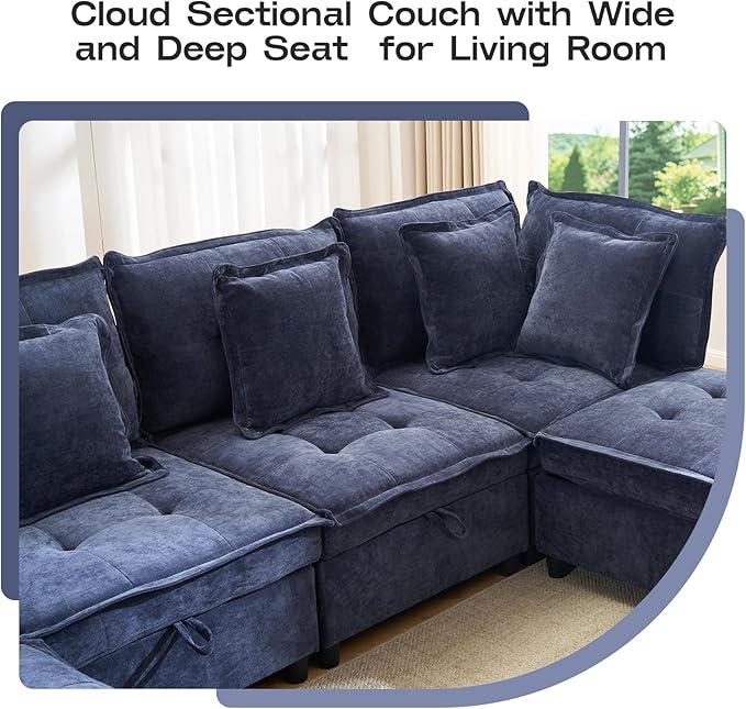Oversized U Shaped Modern Sofa Couch 133 Modular Sectional Cloud Couch with Storage 6-Seat Chenille Deep Seat Sofa with 6 Pillows for Living Room Bedroom and Apartment Blue